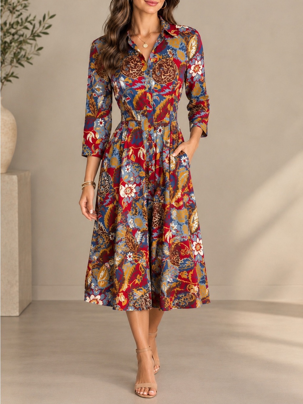 J. Mclaughlin Women's Floral Colorful Midi Dress With Belt Medium